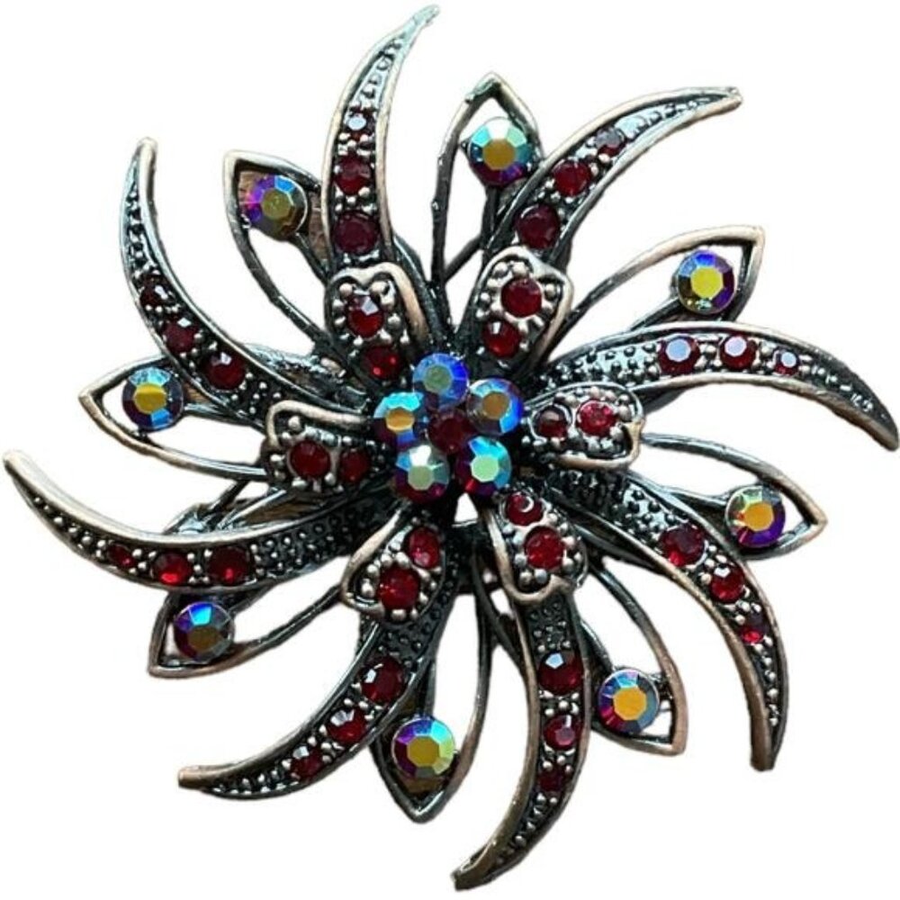 Vintage Starburst Rhinestone Brooch Pin With Red & Iridescent Crystals